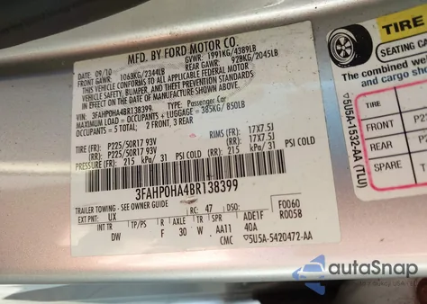 2011 Ford Fusion Se z USA, uszkodzony, nr VIN 3FAHP0HA4BR138399